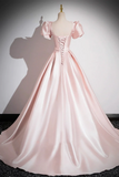 Pink Scoop Neckline Satin Floor Length Prom Dress, Short Sleeve A Line Party Dress APP0987