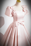 Pink Scoop Neckline Satin Floor Length Prom Dress, Short Sleeve A Line Party Dress APP0987