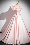 Pink Scoop Neckline Satin Floor Length Prom Dress, Short Sleeve A Line Party Dress APP0987