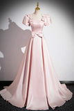 Pink Scoop Neckline Satin Floor Length Prom Dress, Short Sleeve A Line Party Dress APP0987