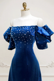 Blue Velvet A Line Short Prom Dress with Pearls, Off the Shoulder Evening Party Dress APH0259