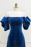 Blue Velvet A Line Short Prom Dress with Pearls, Off the Shoulder Evening Party Dress APH0259