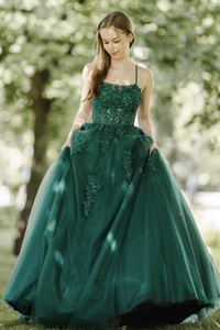 A Line Tulle Lace Backless Green Long Prom Dress, Green Lace Long Formal Dress APP0990