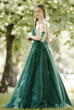 A Line Tulle Lace Backless Green Long Prom Dress, Green Lace Long Formal Dress APP0990