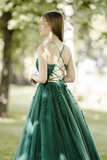 A Line Tulle Lace Backless Green Long Prom Dress, Green Lace Long Formal Dress APP0990