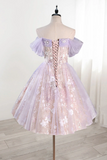 A Line Off Shoulder Tulle Lace Purple Short Prom Dress, Cute Purple Homecoming Dress APH0260