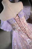 A Line Off Shoulder Tulle Lace Purple Short Prom Dress, Cute Purple Homecoming Dress APH0260