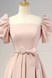 A Line Puff Sleeves Satin Pink Long Prom Dress, Pink Long Bridesmaid Dress APP0992