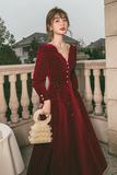 Wine Red Velvet Tea Length Long Sleeves Party Dress, Wine Red Homecoming Dress APP0993