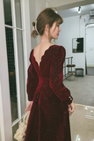 Wine Red Velvet Tea Length Long Sleeves Party Dress, Wine Red Homecoming Dress APP0993