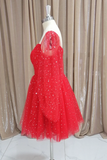 Red Tulle Long Puffy Sleeves Short Prom Dress, Red Tulle Homecoming Dress APH0261