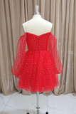 Red Tulle Long Puffy Sleeves Short Prom Dress, Red Tulle Homecoming Dress APH0261