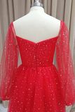 Red Tulle Long Puffy Sleeves Short Prom Dress, Red Tulle Homecoming Dress APH0261