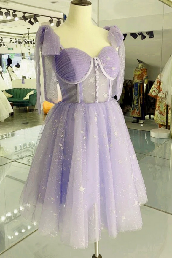 Lavender Tulle Short Straps Party Dress, Tulle Homecoming Dresses APH0262