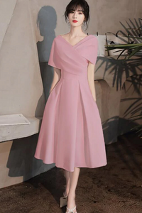 Pink Tea Length Wedding Party Dresses, Pink Bridesmaid Dresses APP0995