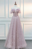 A Line Off Shoulder Tulle Lace Pink Long Prom Dress, Pink Long Graduation Dress APP0996