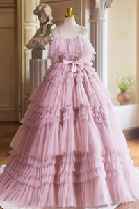 Ball Gown Pink Tulle Spaghetti Strap Long Prom Evening Dress, Pink Sweet 16 Dress APP0997