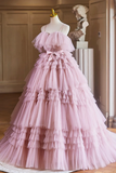 Ball Gown Pink Tulle Spaghetti Strap Long Prom Evening Dress, Pink Sweet 16 Dress APP0997