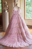 Ball Gown Pink Tulle Spaghetti Strap Long Prom Evening Dress, Pink Sweet 16 Dress APP0997