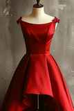 Wine Red Satin High Low Round Neckline Party Dress, Wine Red Homecoming Dress APH0263