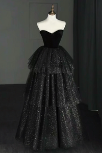 A Line Sweetheart Neck Tulle Velvet Black Long Prom Dress, Black Evening Dress APP0999