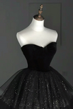 A Line Sweetheart Neck Tulle Velvet Black Long Prom Dress, Black Evening Dress APP0999