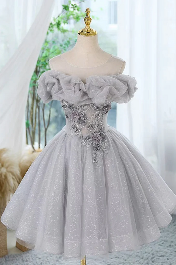 A Line Scoop Neckline Off Shoulder Tulle Gray Short Prom Dress with Lace Beads APH0264