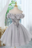 A Line Scoop Neckline Off Shoulder Tulle Gray Short Prom Dress with Lace Beads APH0264