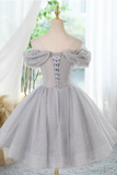 A Line Scoop Neckline Off Shoulder Tulle Gray Short Prom Dress with Lace Beads APH0264