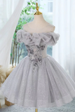 A Line Scoop Neckline Off Shoulder Tulle Gray Short Prom Dress with Lace Beads APH0264