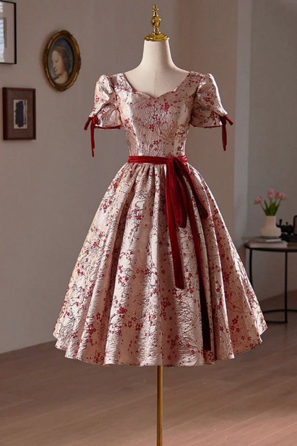 A Line Floral Satin Short Prom Dress, Cute Short Sleeve Evening Homecoming Dress APH0266
