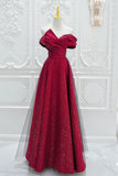 A Line Off Shoulder Tulle Satin Burgundy Long Prom Dress APP1001