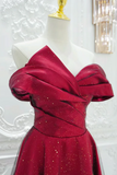 A Line Off Shoulder Tulle Satin Burgundy Long Prom Dress APP1001