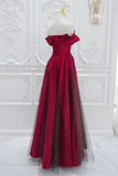 A Line Off Shoulder Tulle Satin Burgundy Long Prom Dress APP1001