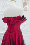 A Line Off Shoulder Tulle Satin Burgundy Long Prom Dress APP1001