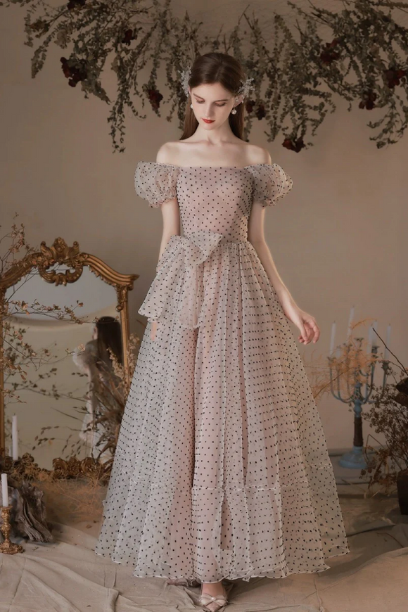 A Line Short Sleeves Polka Dots Tulle Long Prom Dress With Bow APP1002