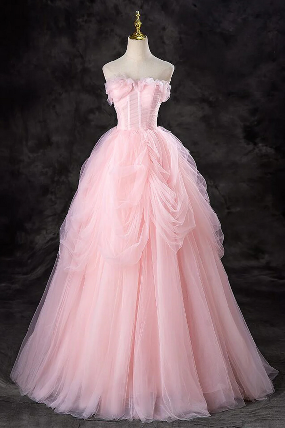 Pink Tulle Long Party Dress Evening Dress, Pink Sweet 16 Dress APP1003