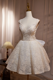 Ivory Lace Sweetheart Straps Knee Length Homecoming Dress, Ivory Lace Prom Dress APH0267