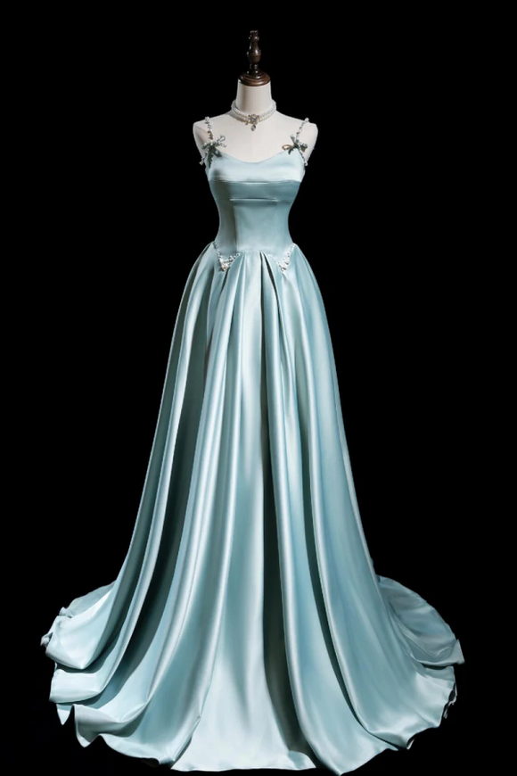 Cute Satin Long A Line Prom Dress, Ice Blue Spaghetti Straps Evening Dress APP1004