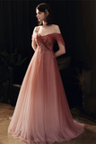 Lovely Pink Gradient Tulle Beaded Off Shoulder Party Dress, Pink Long Prom Dress APP1005