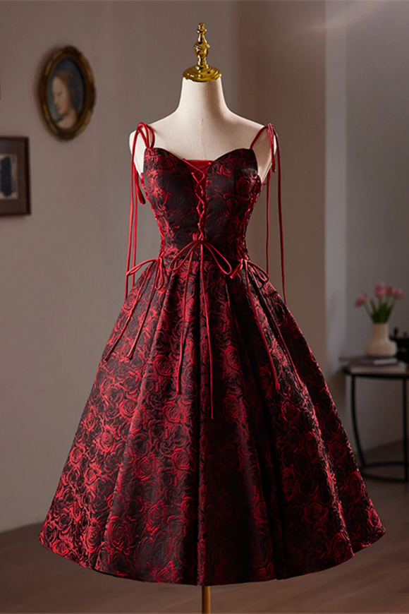 Wine Red Floral Satin Straps Knee Length Party Dress, Wine Red Homecoming Dress APH0268