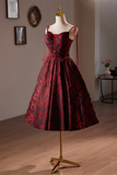 Wine Red Floral Satin Straps Knee Length Party Dress, Wine Red Homecoming Dress APH0268