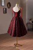 Wine Red Floral Satin Straps Knee Length Party Dress, Wine Red Homecoming Dress APH0268