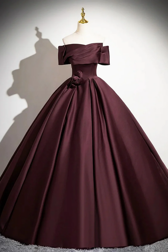 Lovely Off Shoulder Maroon Satin Long Party Dress, Maroon Prom Dress APP1008