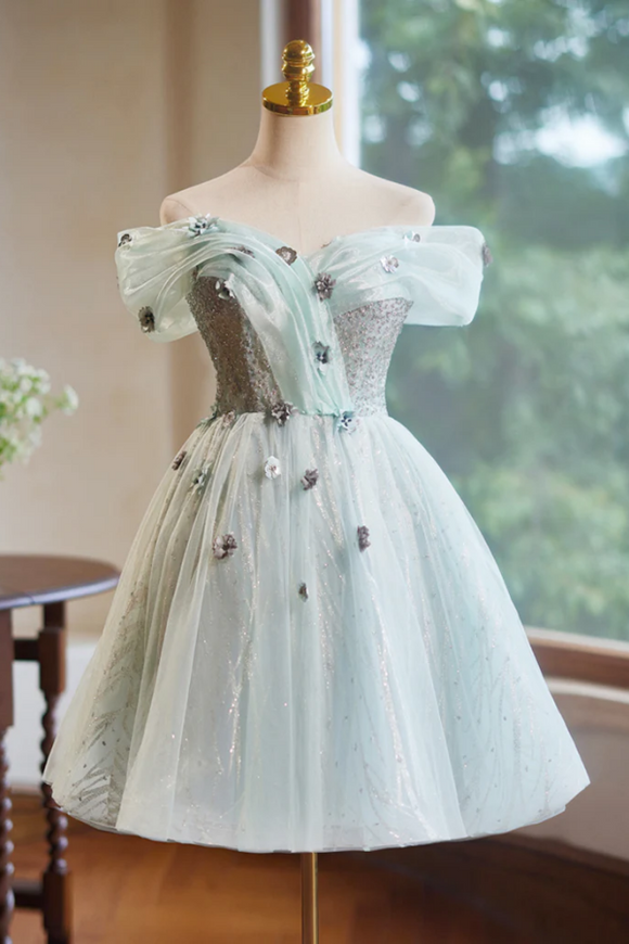 A Line Off Shoulder Tulle Short Prom Dress, Green Homecoming Dress APH0269