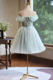 A Line Off Shoulder Tulle Short Prom Dress, Green Homecoming Dress APH0269