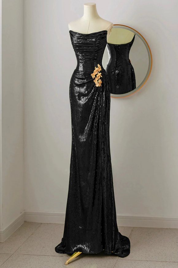 Black Scoop Sequins Floor Length Prom Dress, Black Sequins Evening Dress APP1009