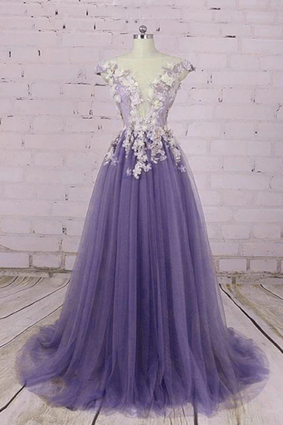 Light Purple Tulle Floral Long A Line Prom Dress Wedding Party Dress, Lace Flowers Party Dress APP1010