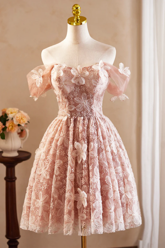 Beautiful Tulle Flower Knee Length Prom Dress, Off the Shoulder Short Sleeve Evening Party Dress APH0270