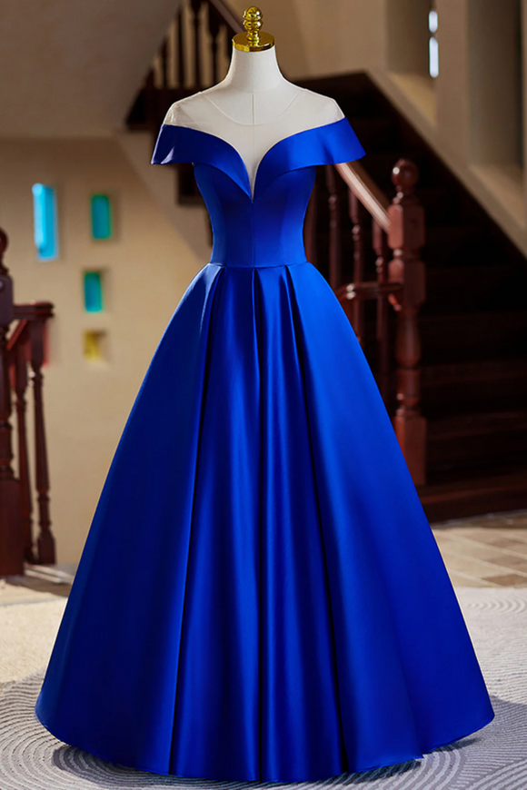 Royal Blue Satin A Line Long Evening Dress, Royal Blue Prom Dress APP1012